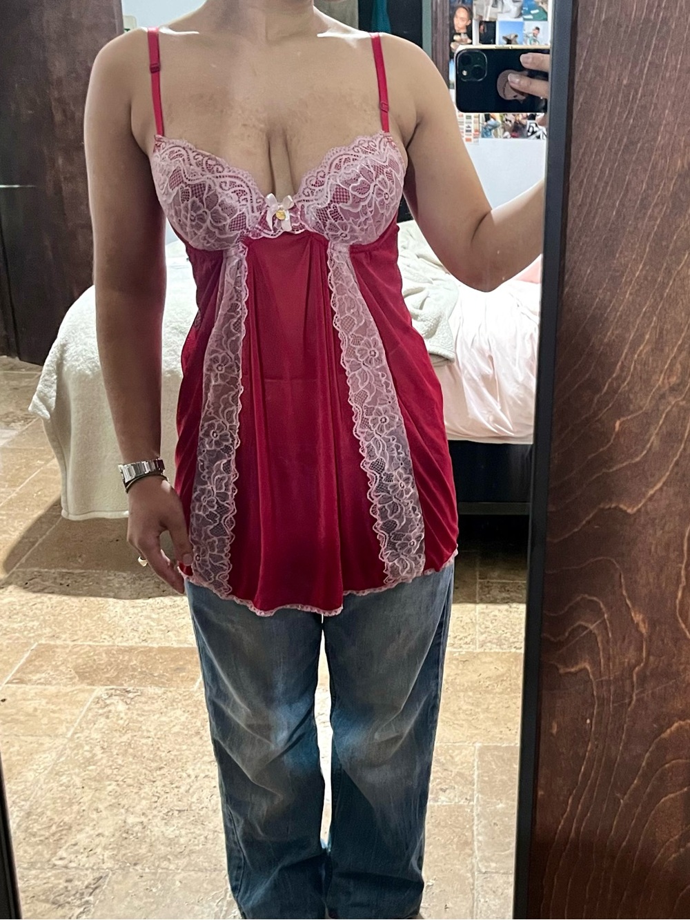 Y2K Jessica Simpson Red & Pink Lace Babydoll Cami Top Size M